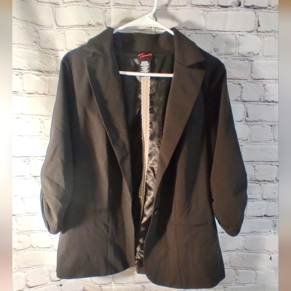 Torrid Black Blazer Ruched 3/4 Sleeve Black Crepe Jacket 1X Career Stretch